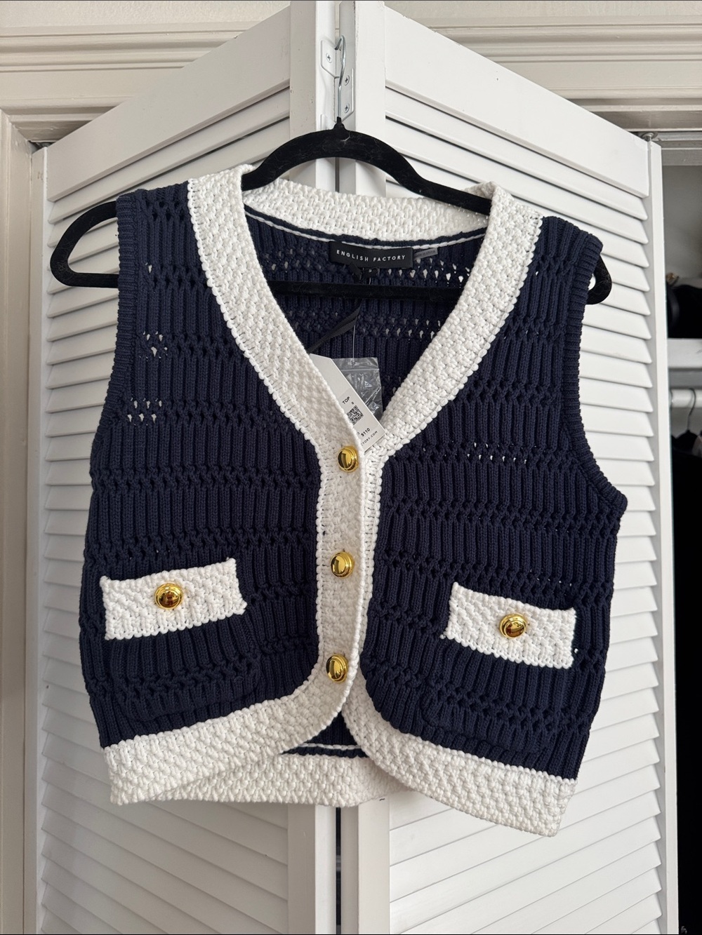 English Factory Navy and White Crochet Button-Front Vest